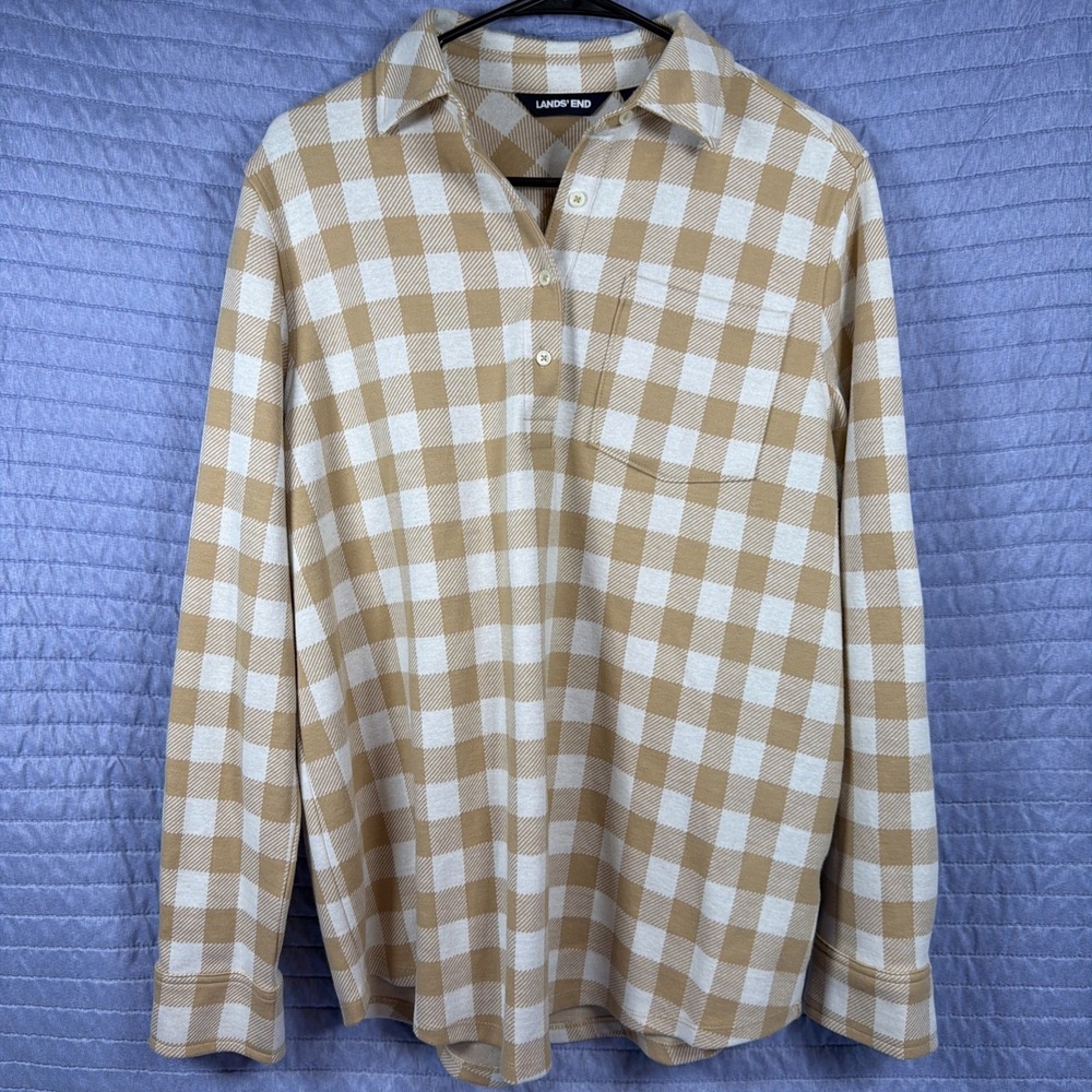 Lands' End Shirt Medium Tan Houndstooth Long Sleeve Size Lg